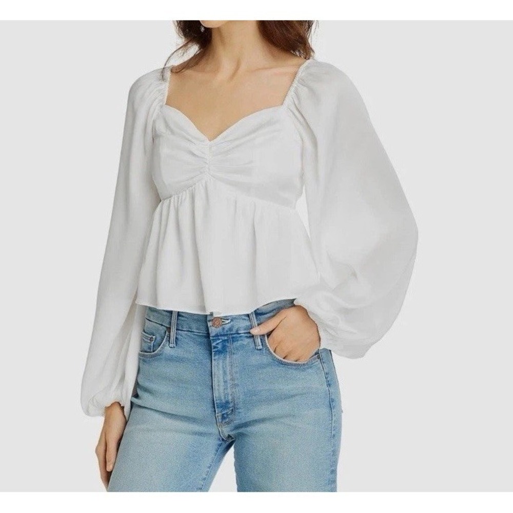 English Factory Women's White Long-Sleeve Peplum Hem Casual Blouse Top Size M